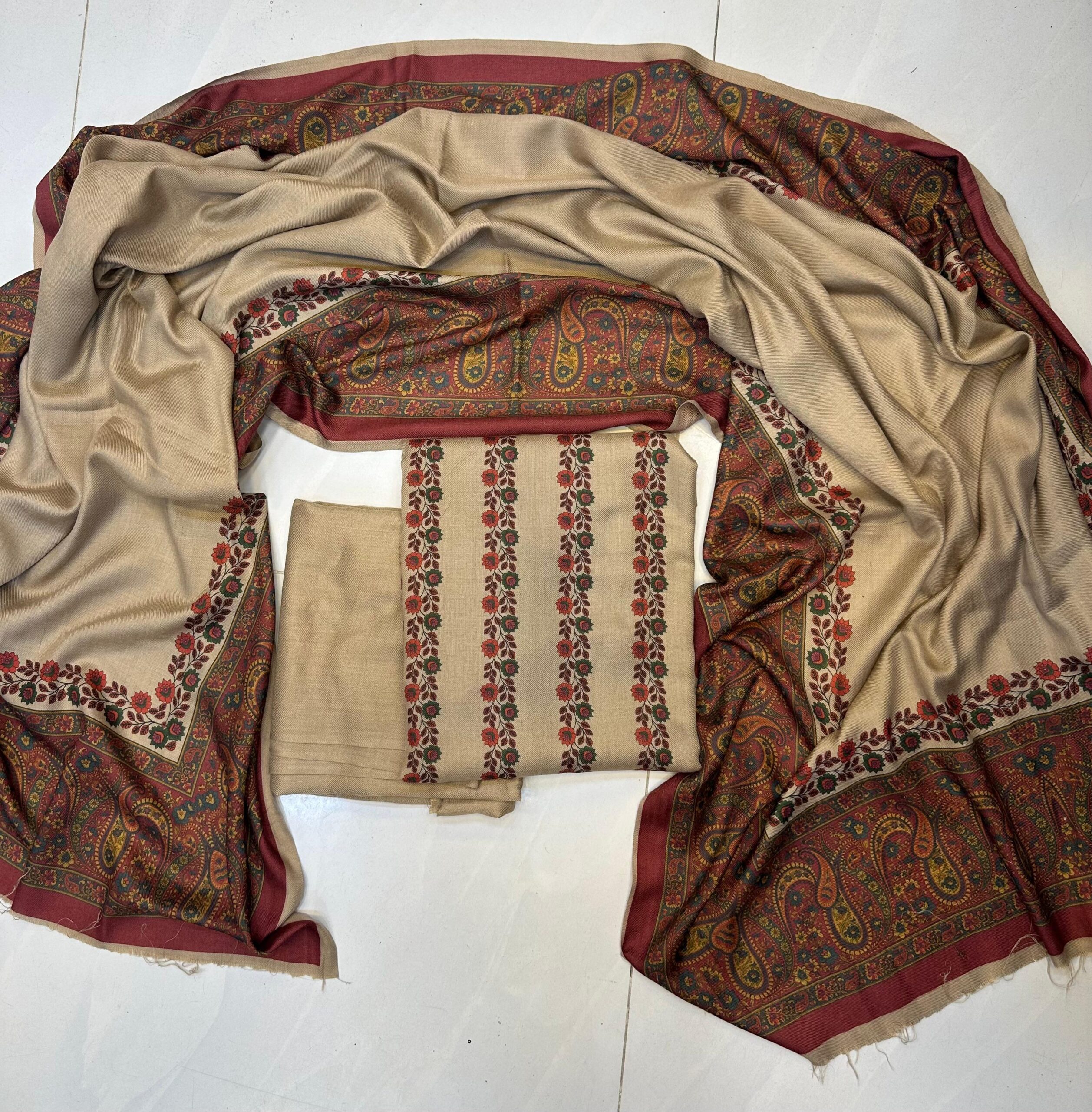 WhatsApp Image 2026-09-17 at 11.56.47 AM (1) Premium Beige Pashmina Wool Printed 3-Piece Unstitched Suit with Matching Shawl - Image 1