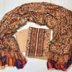 Premium Beige Pashmina Wool Printed 3-Piece Unstitched Suit with Matching Shawl
