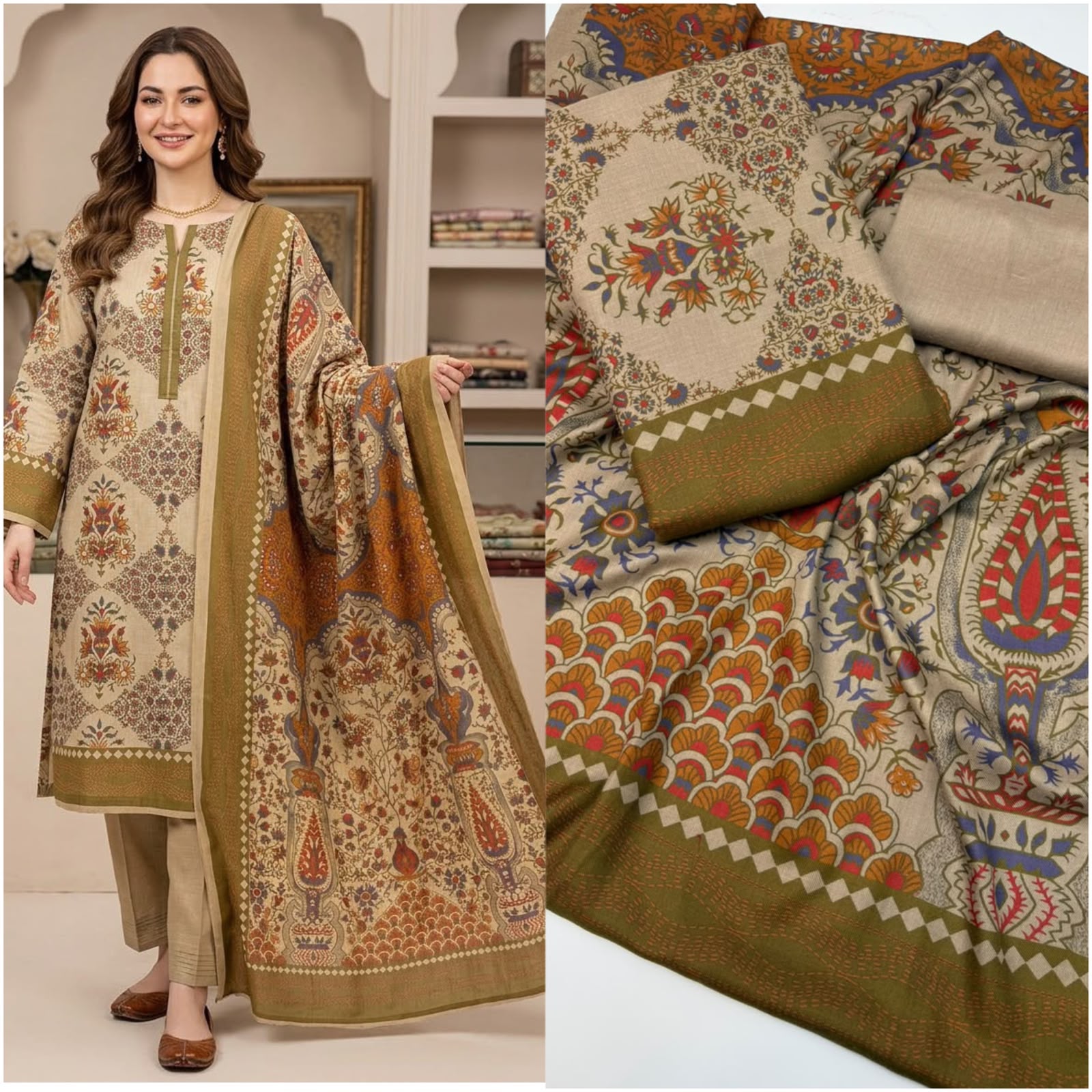WhatsApp Image 2026-10-15 at 3.18.13 PM Khani Print wool Unstitched 3 Piece Ladies Suit - Image 1
